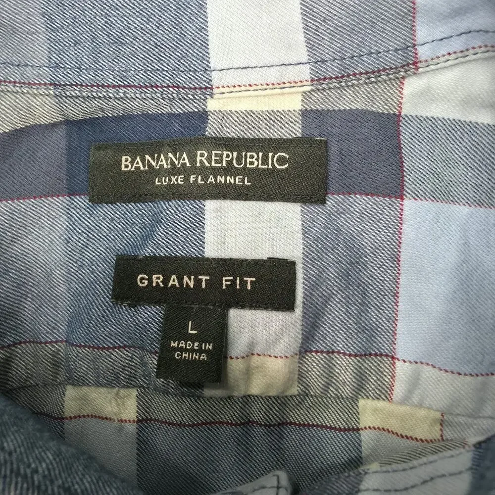Banana Republic Mens Large Luxe Flannel Shirt Grant Fit Blue Plaid Casual
